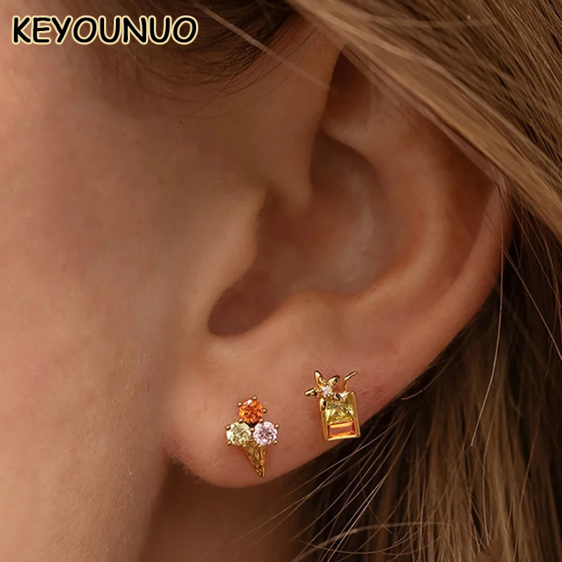 

KEYOUNUO Gold Silver Filled Stud Earrings For Women Colour Zircon Ice Cream Piercing Women's Earring Party Jewelry Wholesale