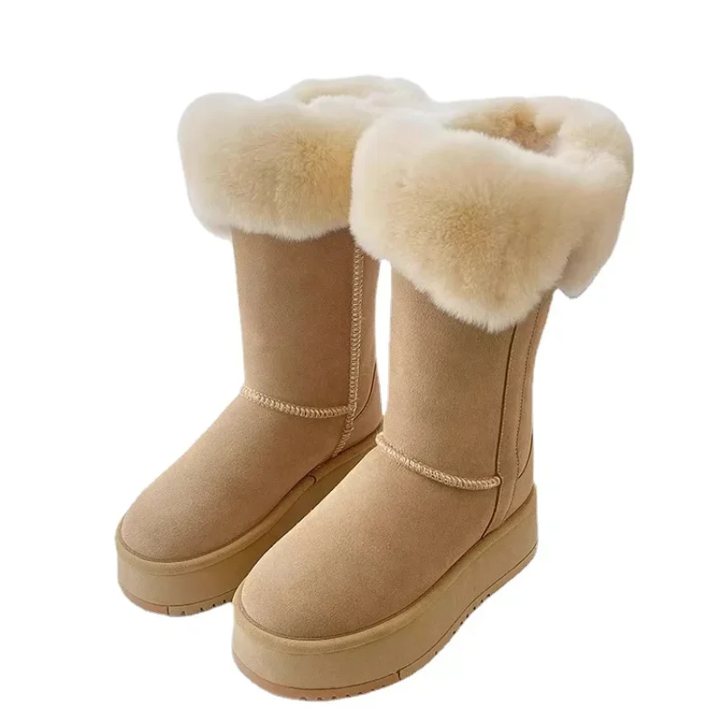 2023 New Women\'s Shoes Slip on Women\'s Boots Winter Round Toe Solid Flock Plush Warm Mid Heel Water Proof Concise Snow Boots