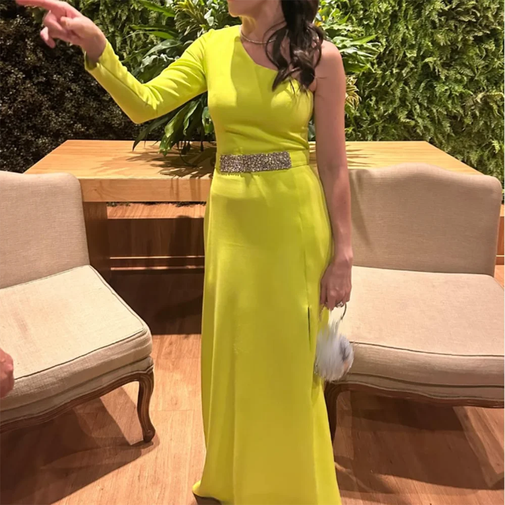 

Customized Straight Prom Dresses Floor-Length One-Shoulder Full Sleeve Evening Gown Simple Draped Fashion Crystal Party Gown
