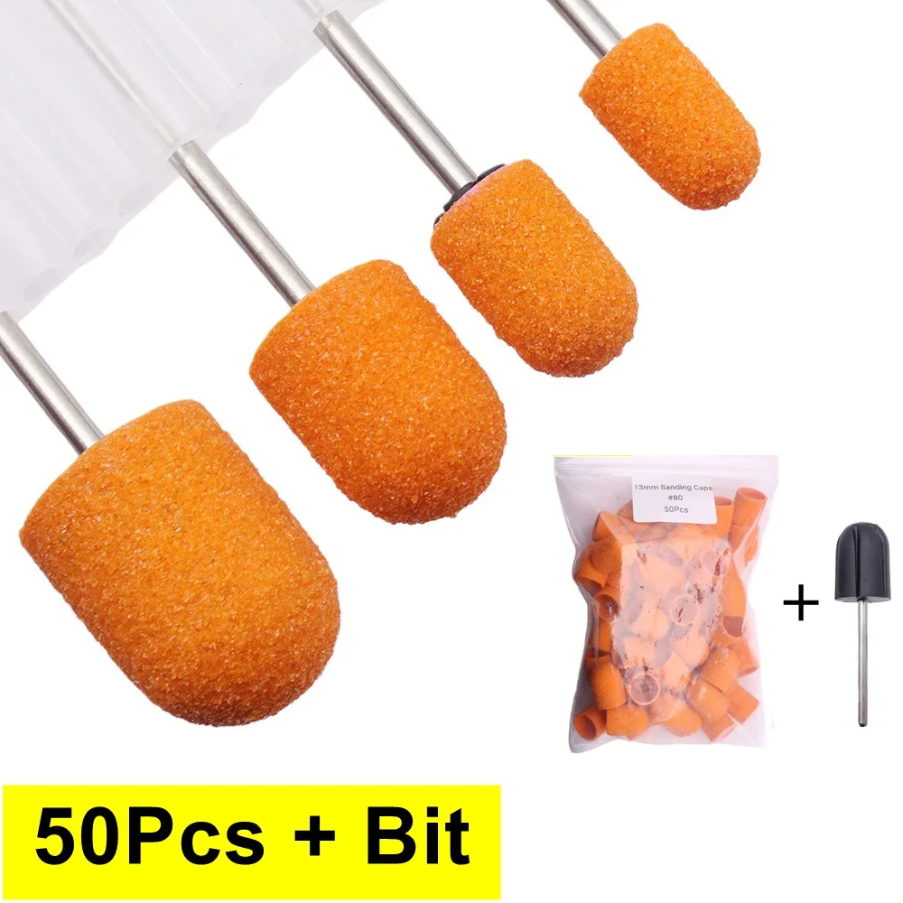 50pcs 7mm 13mm Multi-Color Nail Buffer Cap with Shaft Nail Grinding Head Plastic Base Sand Ring Mesh Sizes #80 #120 #180