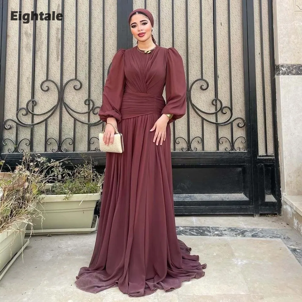 

Eightale Arabic Evening Dresses Customized O-Neck Chiffon Long Sleeves Pleats Muslim A-Line Wedding Prom Party Gown