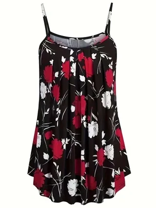 Plus Size Ladies' printed pleated loose milk silk camisole