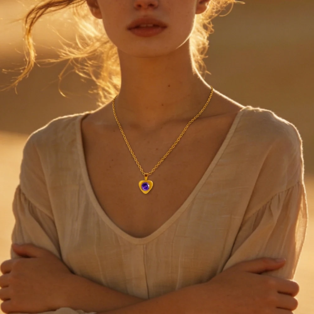 Cross-Border Fashion Baiba 18K Stainless Steel Colorful Zircon Heart-Shaped Necklace Simple and Elegant Clavicle Chain Color-Preserving Jewelry