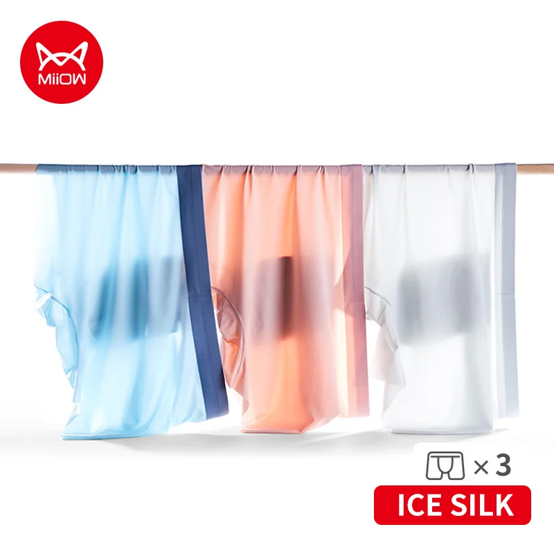 

MiiOW 3pcs 120S Ice Silk Men Underwear Summer Ultra-thin Tanslucent Sexy Boxer Shorts One-piece Seamless Men's Panties Trunks