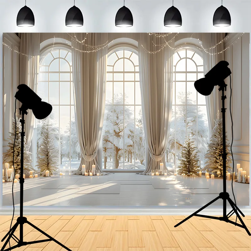 Christmas Day Fireplace Photography Backdrops Large Window Living Room Wreach Xmas Tree Fireplace New Year Background XH-38