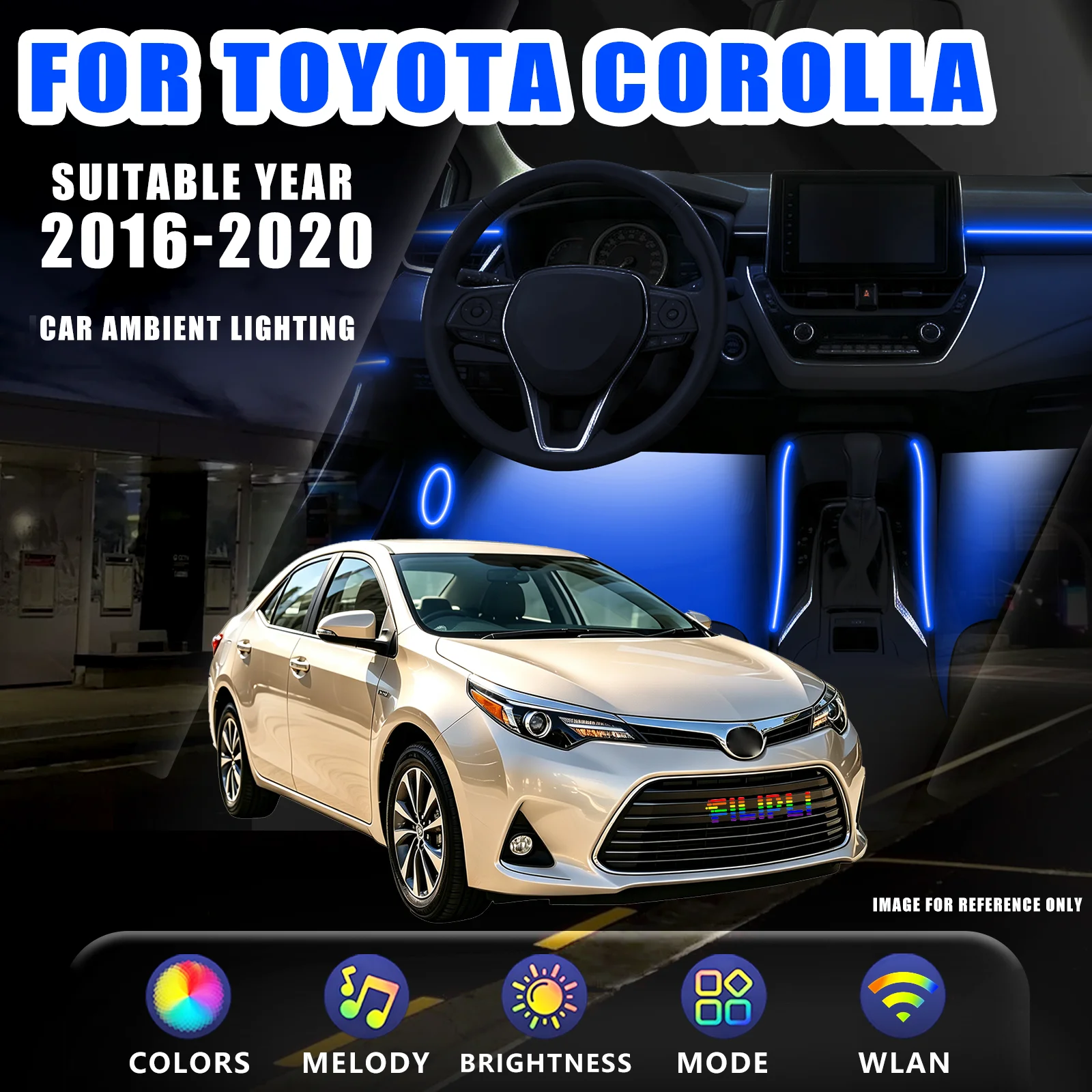 FOR TOYOTA Corolla 2016-2020 RGB 18 Lights Car Ambient Lighting Kit Full Interior Accent LED Lights under Dash and Door Panel Lighting Customizable Color Strip Lights Car Interior Mods Atmosphere Decorative Lamp Auto Accessories