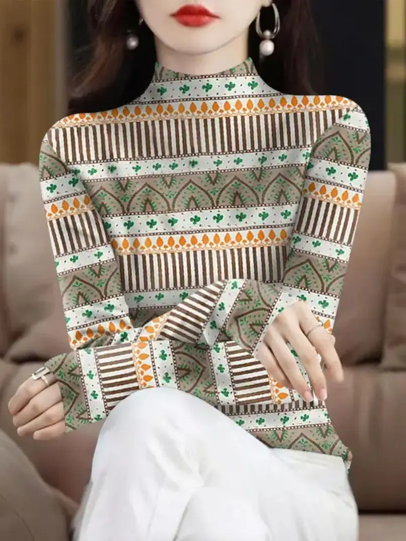 New plus Size Printed T-Shirt Women's Fashionable Long Sleeve Belly Covering Top Label Removed High End Autumn Style for Ladies