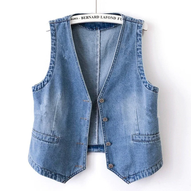 

Korean Women Denim Vest 2024 New Spring Summer V-neck Sleeveless Jeans Jacket Female Short Waistcoat Loose Cowboy Outerwear T035