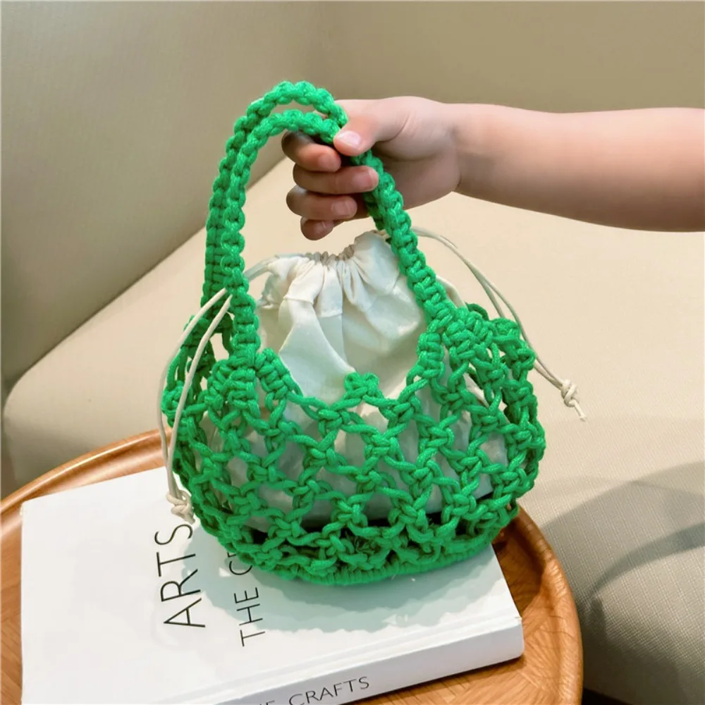 New Summer Beach Bag Cute Woven Small Basket Hollow Out Children\'s Handbag Trendy Funny Straw Woven Bag with Drawstring