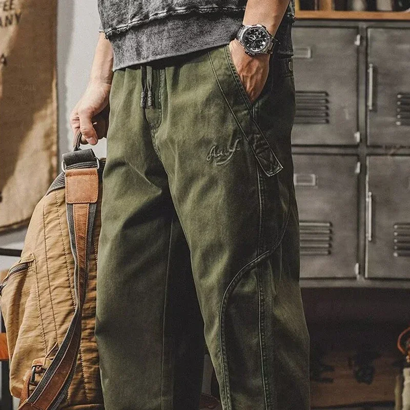 Мужские брюки-карго с несколькими карманами для пешего туризма, осенние винтажные прямые брюки с карманами на талии, мужские мешковатые брюки с завязками на ногах