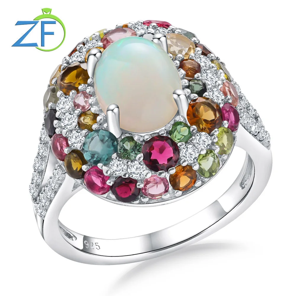 GZ ZONGFA Luxury 925 Sterling Silver 7*9MM Natural Opal Gemstone Rings for Women Engagement Cocktail Party Fine Jewelry