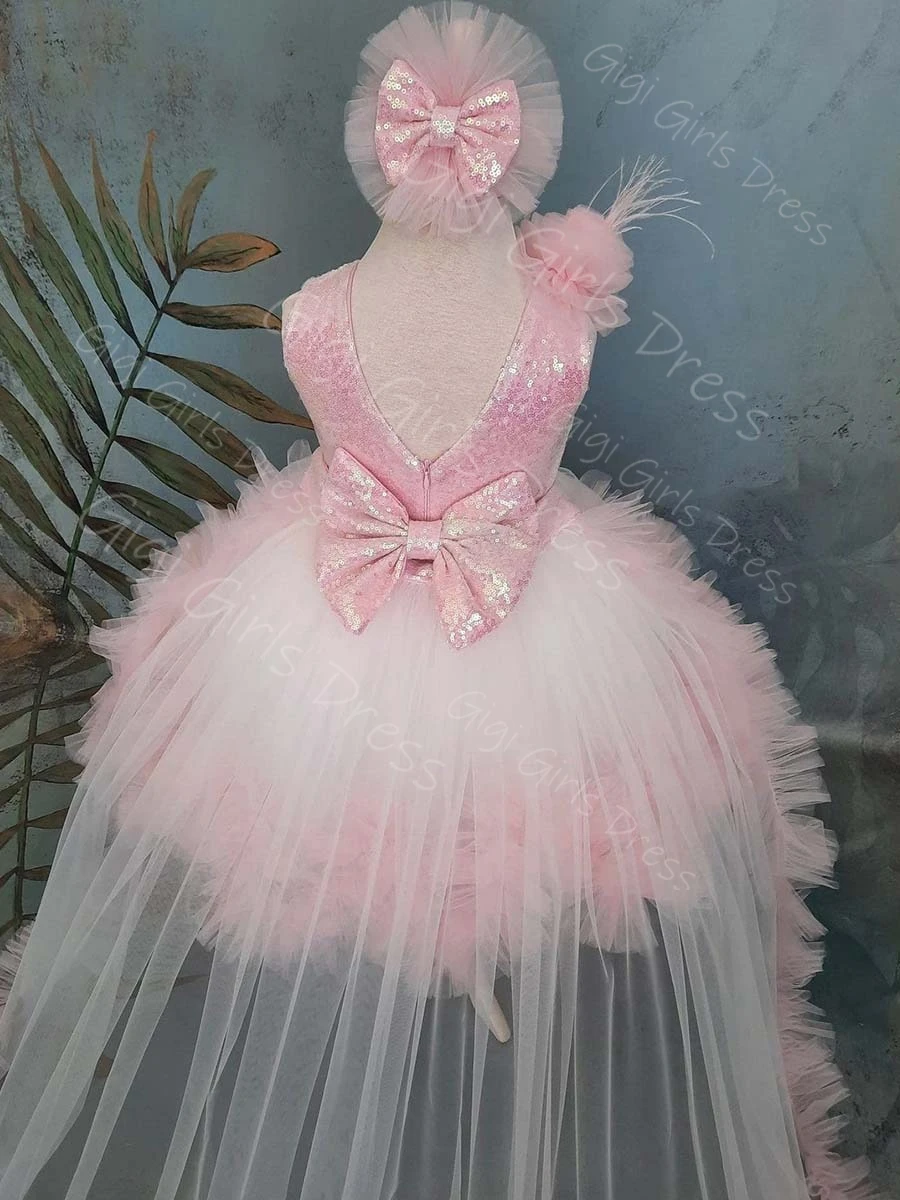 فستان فتاة الزهور الوردي لحفلات الزفاف للأطفال الصغار ترتر على شكل حرف V مع فيونكة خلفية وكشكشة من التول فستان عيد ميلاد الأميرة مع ذيل قابل للانفصال مخصص #6