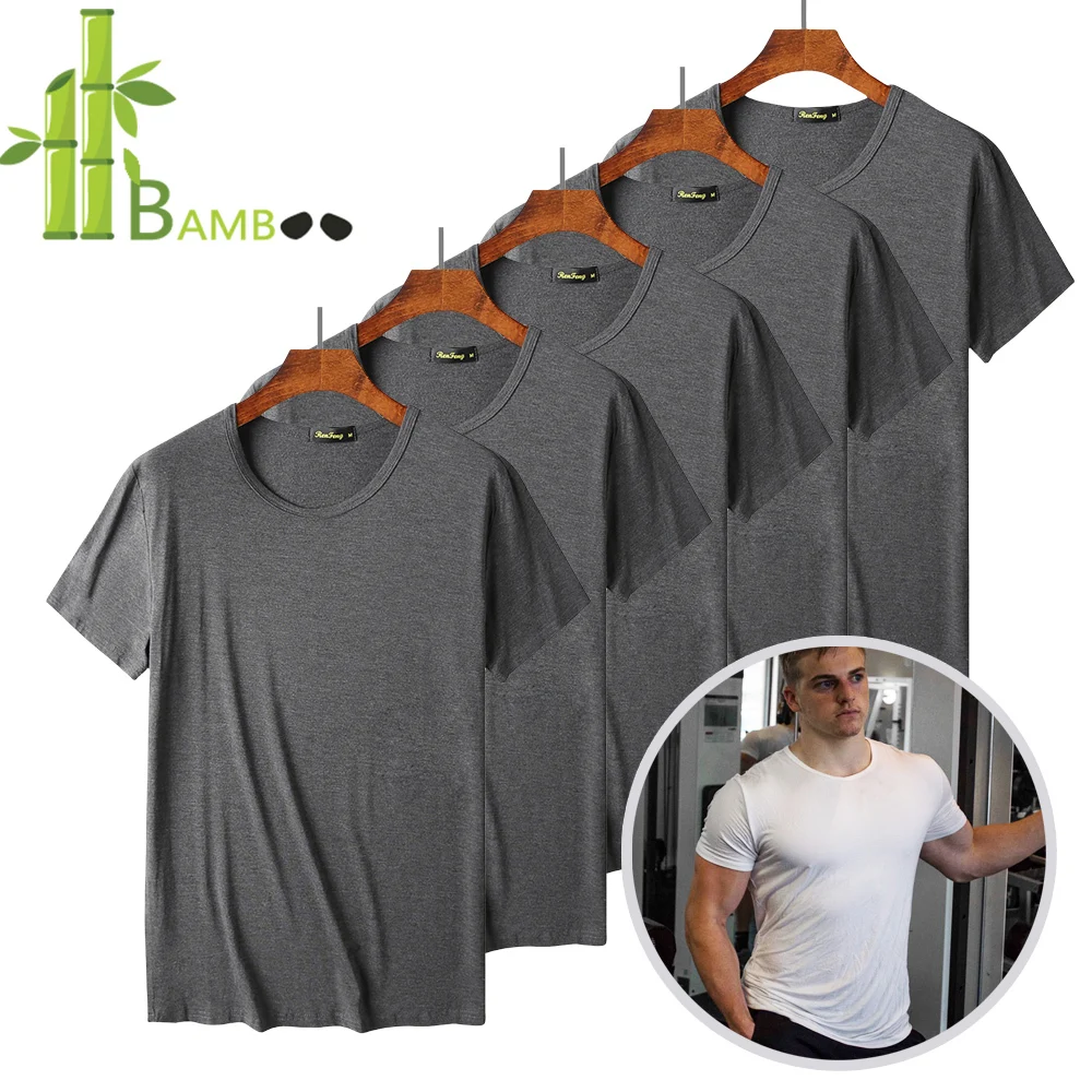 5 Pack Lot Round Neck T Shirt for Men Comfy 95% Bamboo Fiber Breathable Slim Fit Tops Tees Short Sleeve Lightweight Plain Tshirt