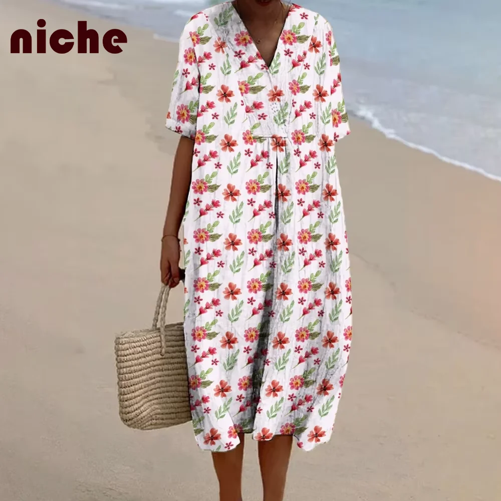 

Fashion Women's Dress Retro Flower Graphic Printing High Quality Soft Fabric Fashion Trend New Loose V-Neck Beach Skirt