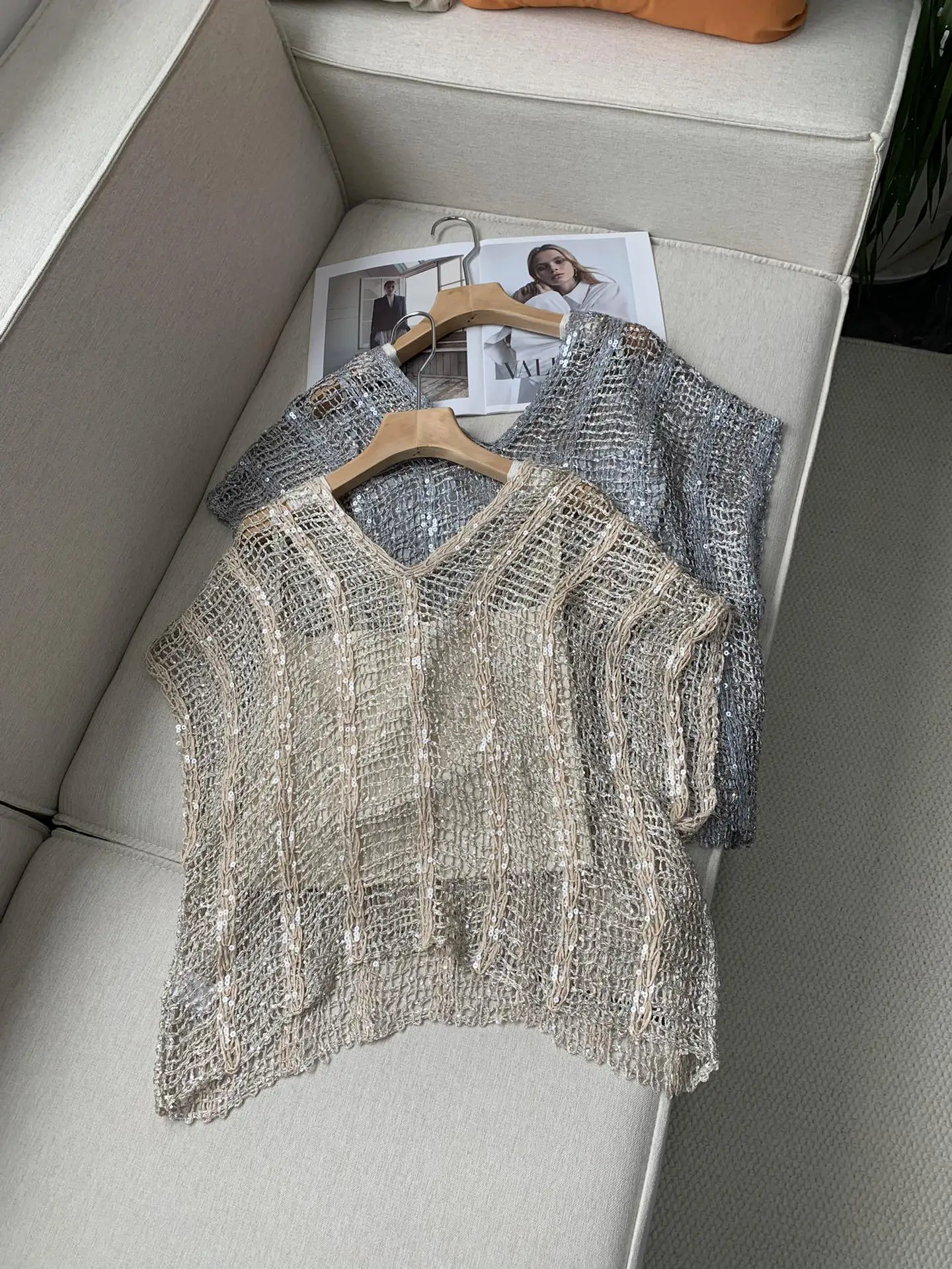 Hand-Crocheted Raffia Mesh Linen Hollow Top V-Neck Sweater For Women