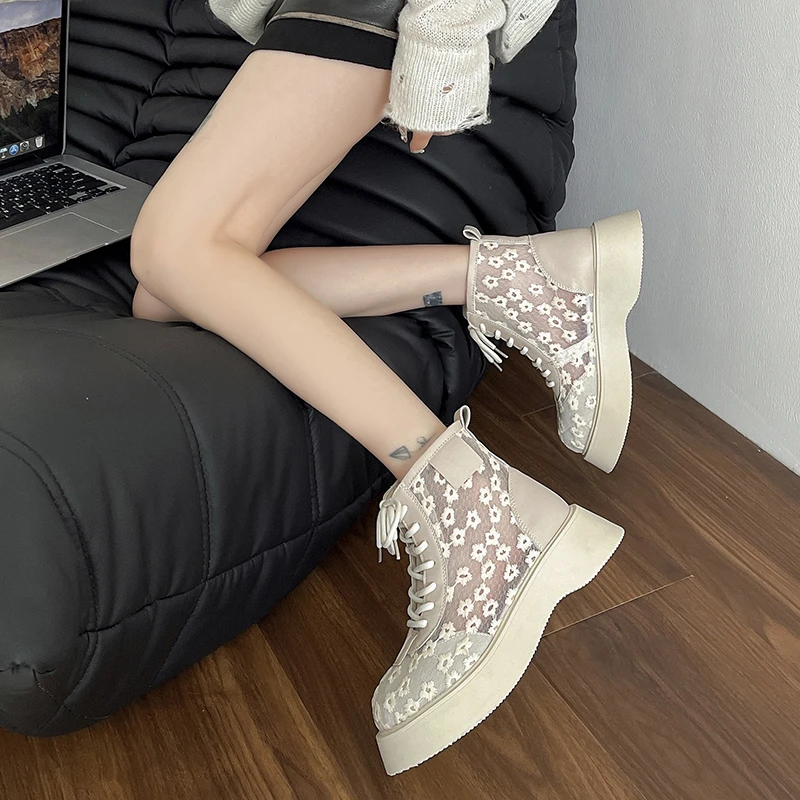 Women\'s Single Shoes Spring Thick Sole Mesh Embroidered Lace Sandals Casual Comfortable Temperament Wear-resistant Cloth Shoes