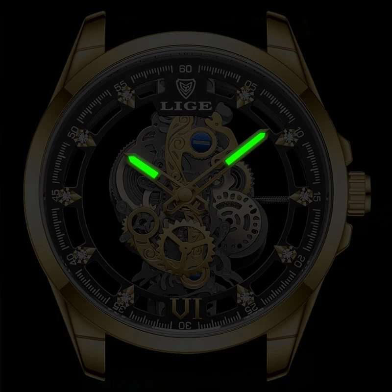 LIGE Fashion Quartz Watches For Men Gold Skeleton Retro Men Watch Top Brand Luxury Sport Waterproof Watch Men Relogios Masculino