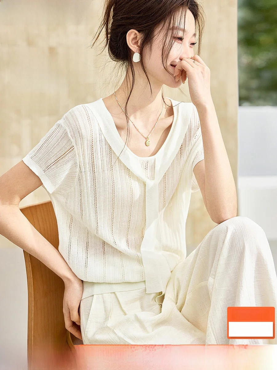 

Новая женская модная трикотажная рубашка Mehaiyumi из льняной смеси, приталенного кроя, с коротким рукавом, V-образным вырезом и завязками, для повседневной носки, весна