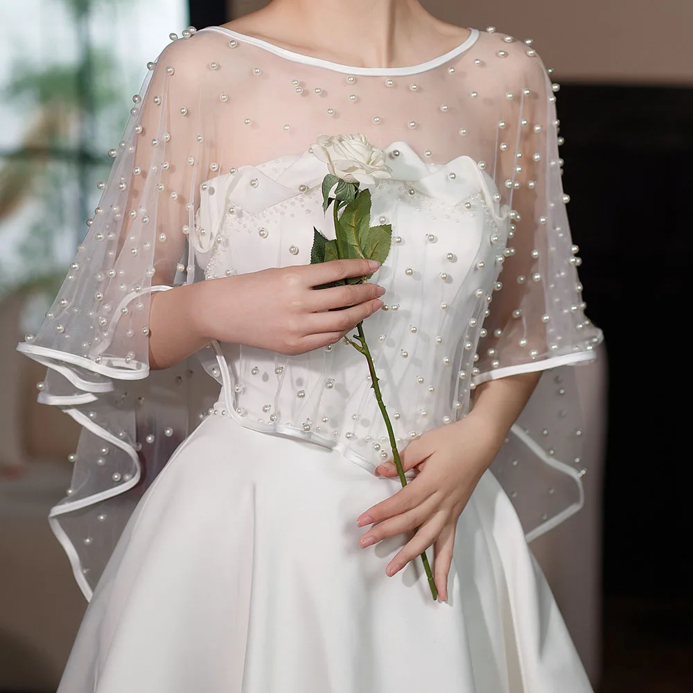 Elegante colletto Scoop con perline scialle da sposa bordo a nastro anteriore corto lungo avvolgente posteriore per accessori da sposa