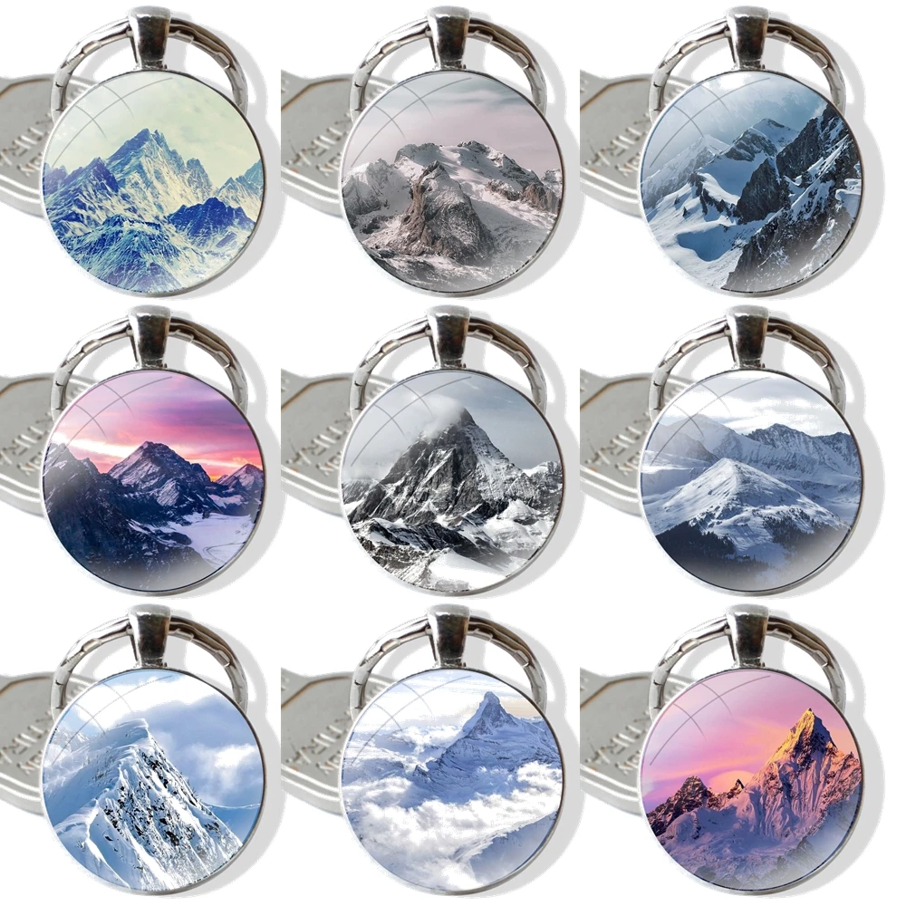 beautiful snow-capped mountains Glass Metal Pendant Key Chain Classic Men Women Key Ring Accessories Jewelry Gifts