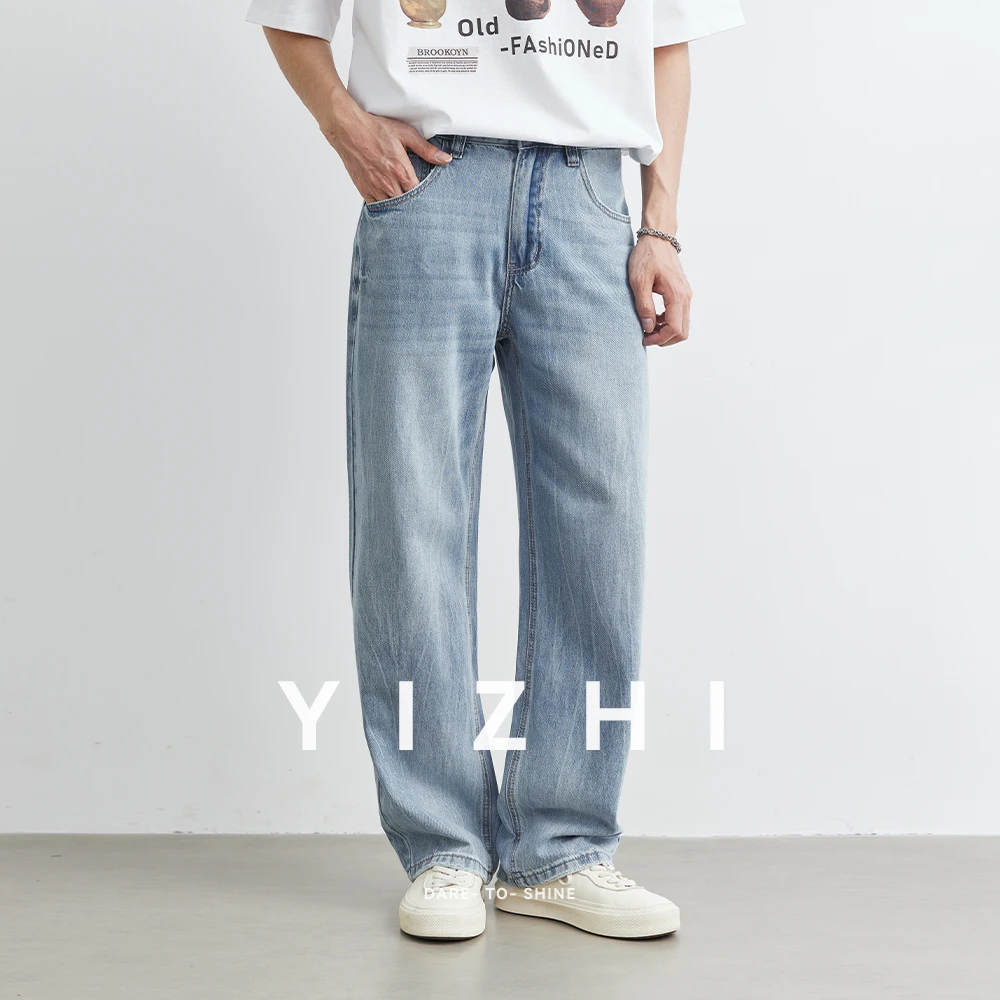 Men's Light Blue Straight Jeans 2025 Summer New Loose Breathable Thin Wide Leg Pants Casual Fashion Soft Retro Jeans