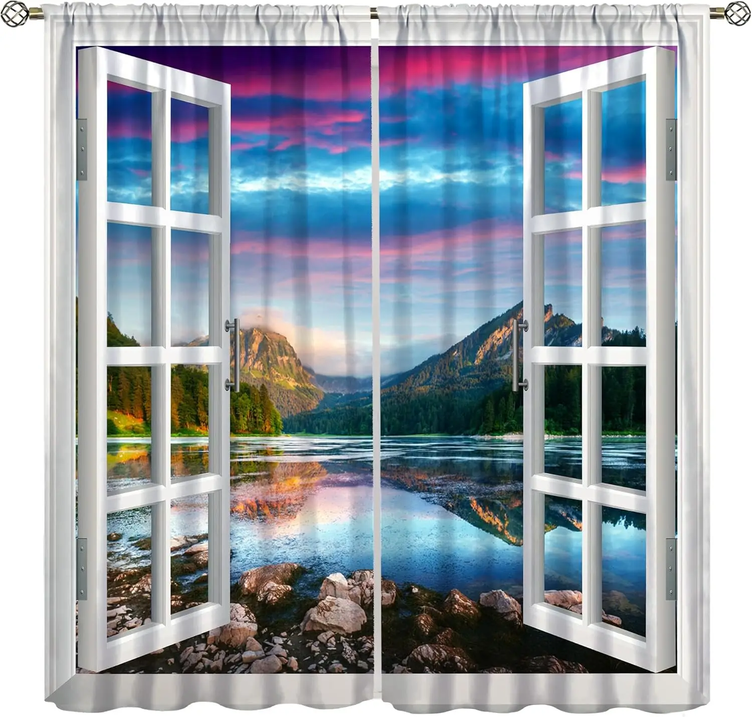 

Peaceful Summer View Landscape Blackout Curtains,Sunrise Sky Mountain Nature Forest Lake Clear Water Rod Pocket Window Treatment