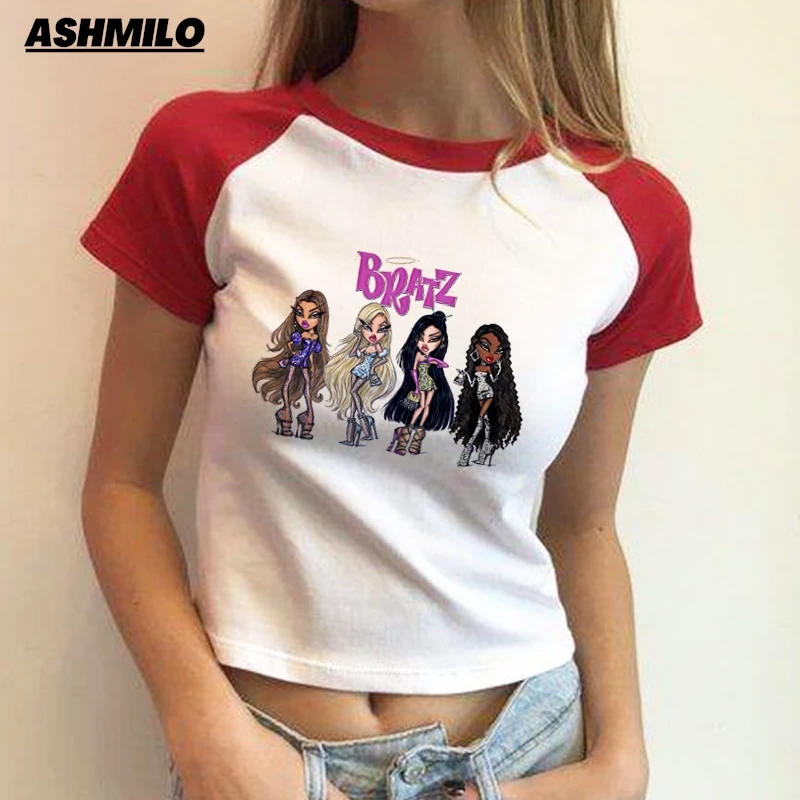 Y2k Slim Bratz Cartoon Summer New Streetwear Tshirts Cropped Tops Graphic Tees Anime Printed T Shirts Women Short Sleeve O-neck