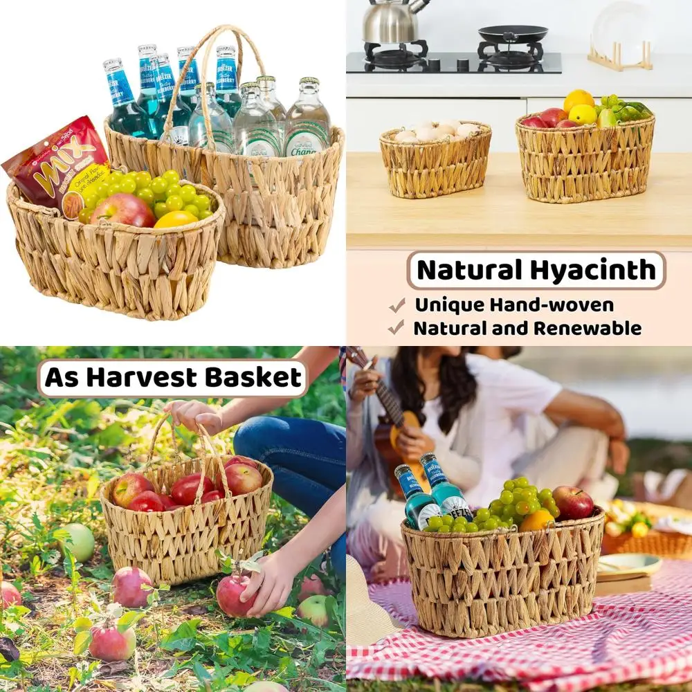 

picnic basket for 2 pack, natural nesting wicker picnic basket with handle, hand-woven water hyacinth storage basket for camping