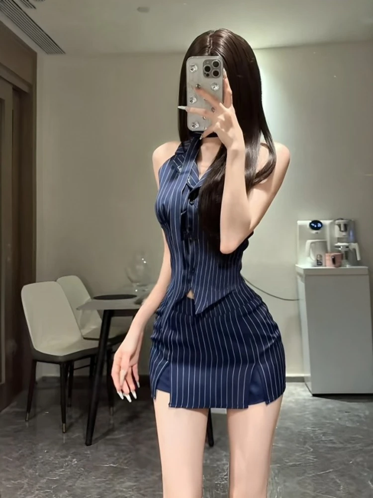 

Pure Desire пикантный модный комплект для девочек, летний сексуальный облегающий воротник-поло, полосатый жилет, обнимающая бедра, полуюбка, комплект из двух предметов