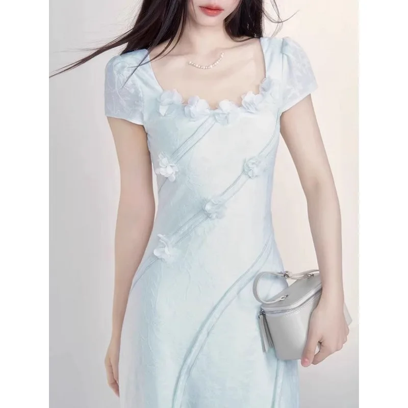 Verão novo design doce longo dr emagrecimento cintura gola quadrada ort sve estampa floral ele sle feminino dr