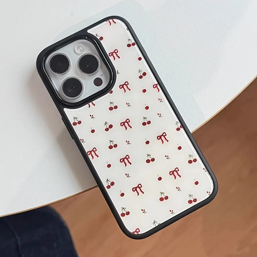 INS لطيف الكرز الأحمر Bowknot حافة سوداء جراب هاتف آيفون 17 الهواء 15 16 17 برو ماكس 14 برو 13 12 زائد الفاخرة الصلب الغطاء الخلفي