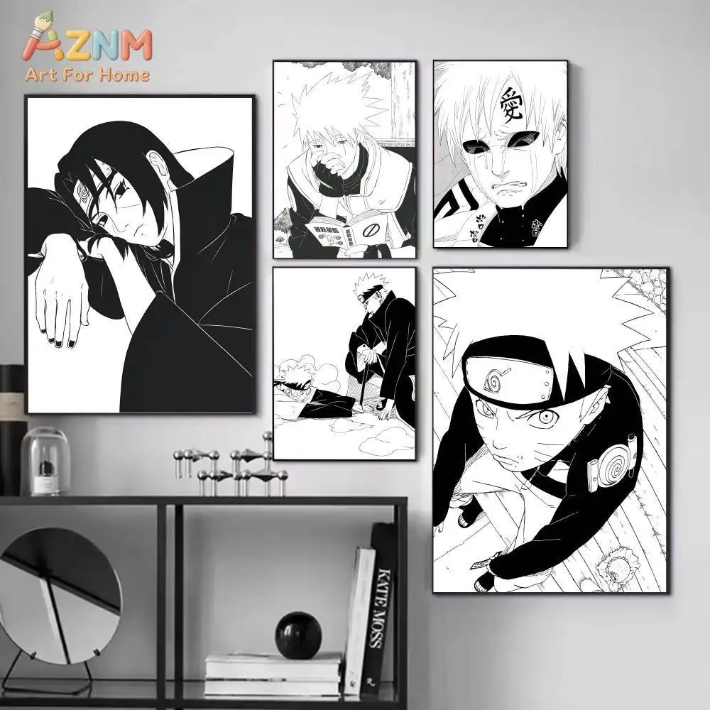 AZNM Naruto Unframed Canvas Print Black White Manga Panel Naruto Sasuke Itachi Gaara Anime Character Wall Art Poster Room Decor