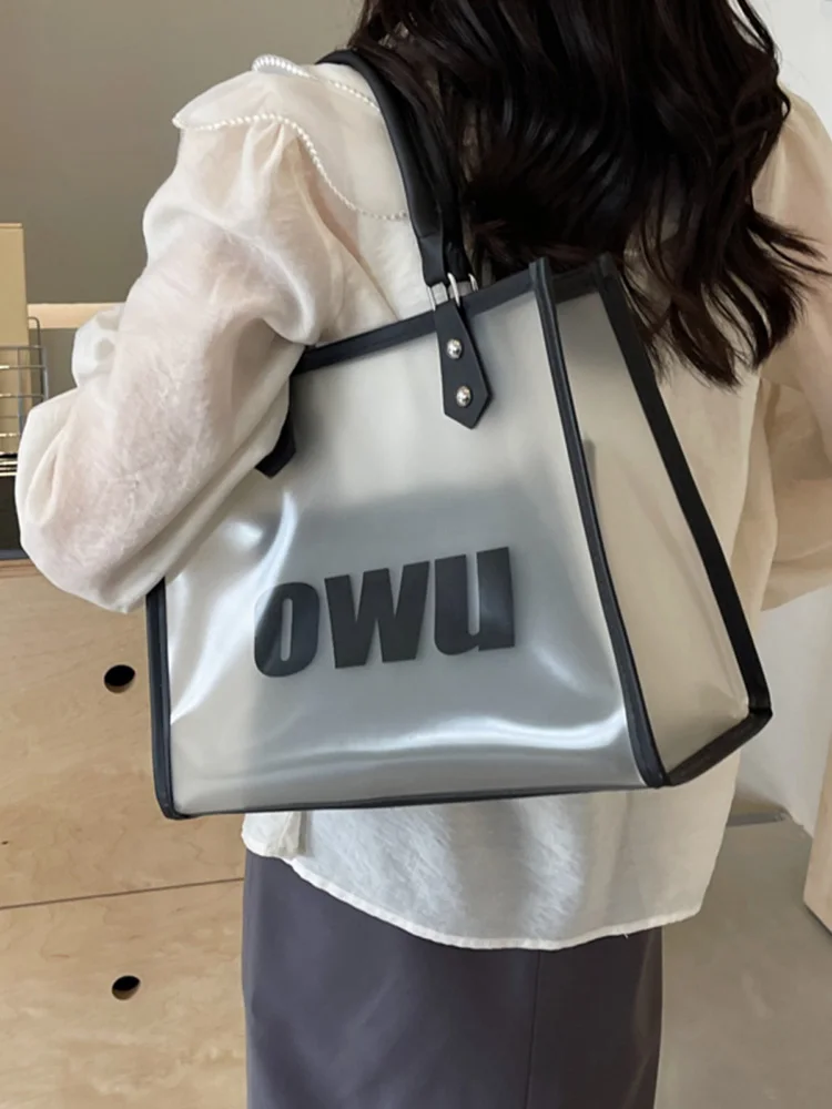 Summer Transparent Large Capacity Tote Bag Women New Trend Versatile Shoulder Bags Simple Letter Handheld Commuter Shopping Pack