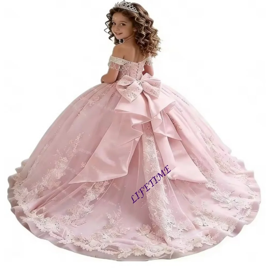 

CustomizePrincess Off Shoulder Flower Girl Dress for Wedding Kids Lace Appliqued Tulle Pageant Dress Customized Birthday Party B