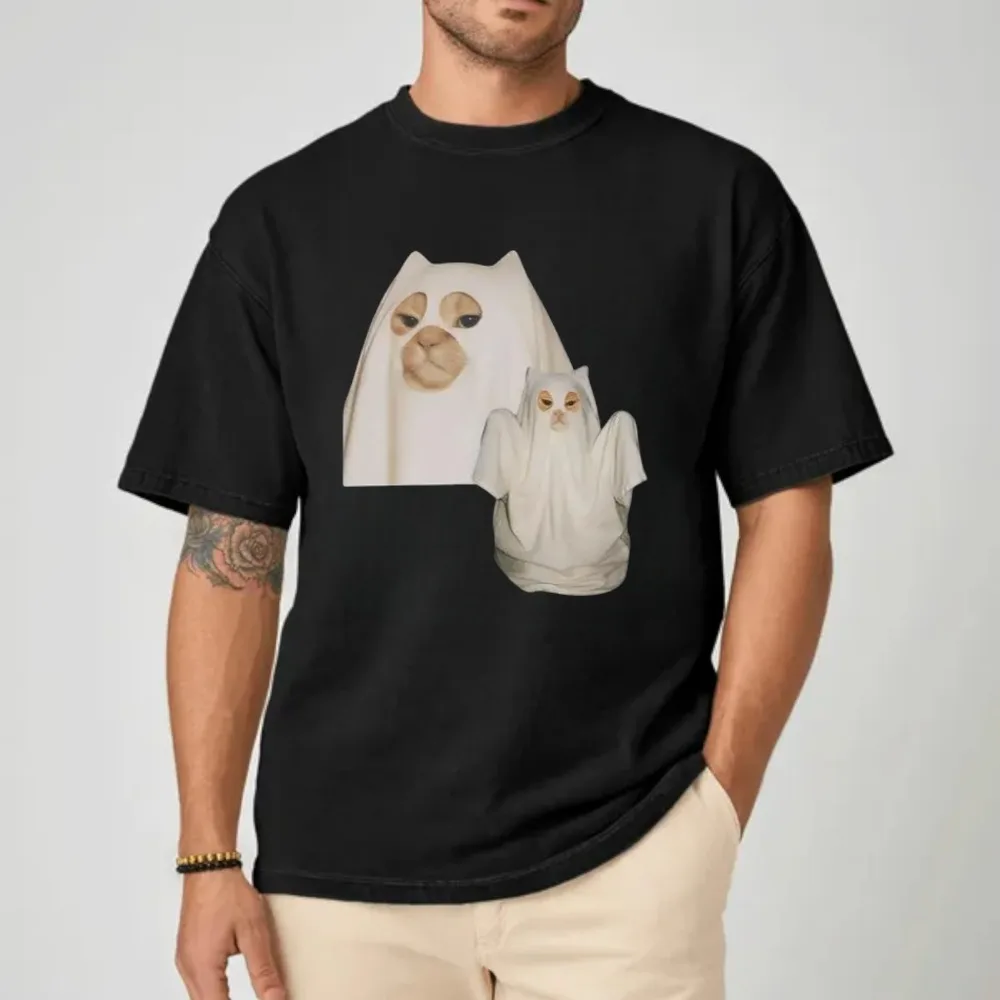 Funny Ghost Cat Halloween Costume Spooky Meme Unisex T-shirt Cute The Cat Wrapped in A Sheet Graphic Printed Tshirt Men Women T