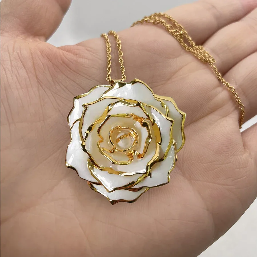 

24K Gold Plated Natural Preserved Pearl White Rose Necklace Flower jewelry for Wedding Guest Gifts and Valentines Day Gift