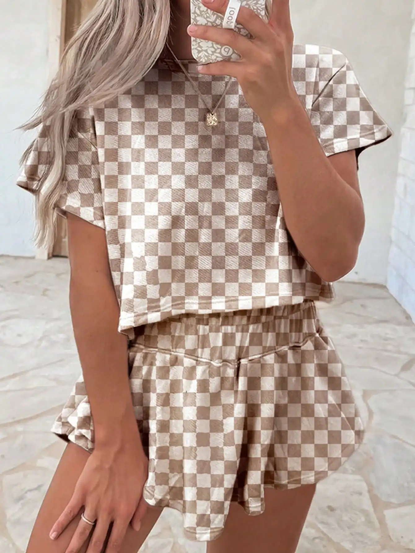 Brown & White Checkered 2-Piece Set: Short Sleeve Top + High Waist Skirt for Casual & Home Wear
