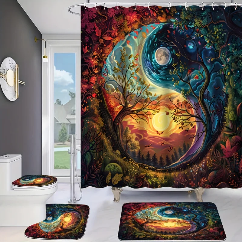 Fantasy Life Cycle Print Set: Includes 1/4 PCS Shower Curtain, Non-Slip Bath Mats, Toilet Seat Cover, Bathroom Rug, and