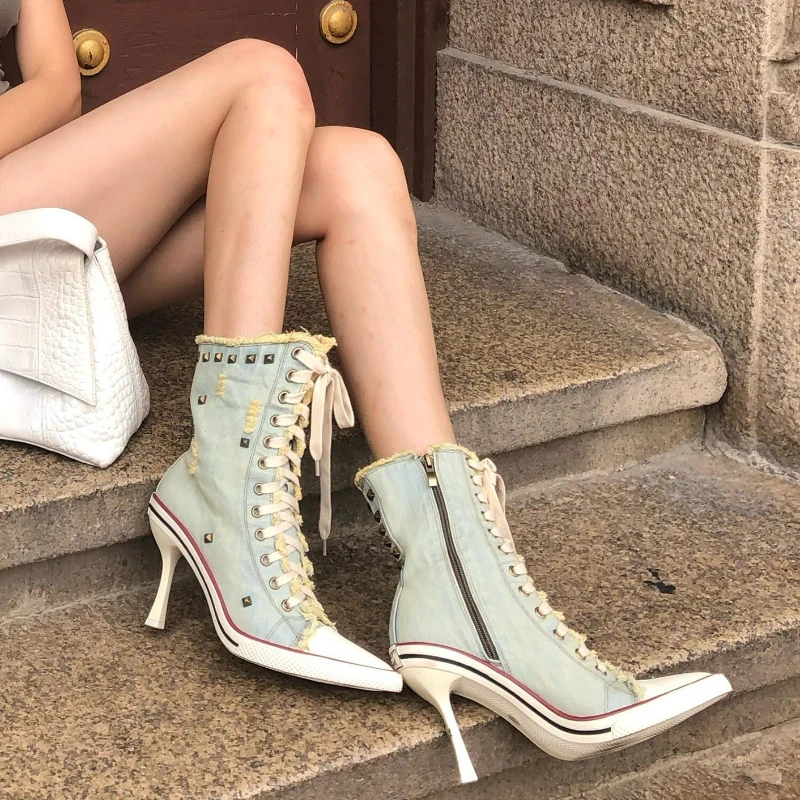 Niche Studded Canvas High Heel Boots for Women 2026 Fall/Winter New Lace-Up Slimming Pointed Toe Stiletto Ankle woman Boots
