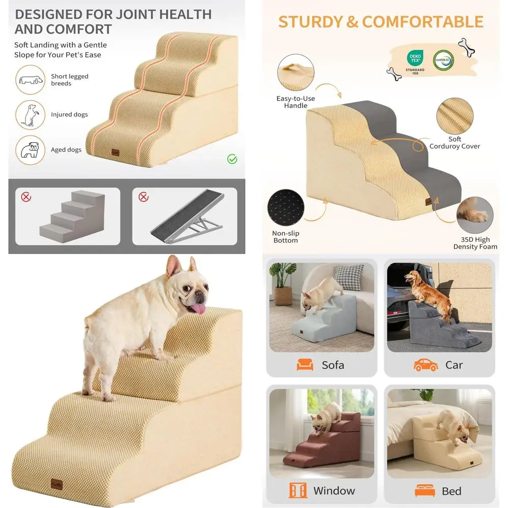 

Рампа для лестницы для домашних животных для кровати, высота 19,7, 4-ступенчатые ступеньки для маленьких собак и кошек, нескользящие пенопластовые ступеньки для домашних животных, коричневые