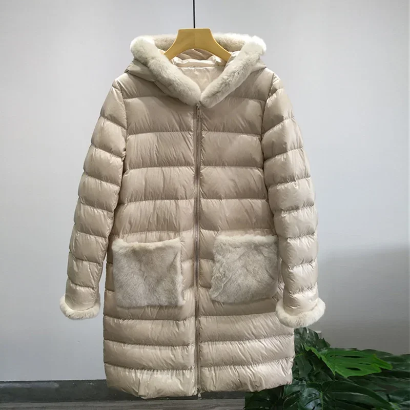 2023 Winter Real Rabbit Fur Coats Ladies Thicken Warm Outwear Women 90% White Duck Down Jacket Long Down Parka Female Slim Coat