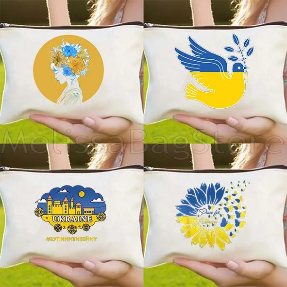 Sunflower Floral Uk-raine Gift Canvas Cosmetic Bag Makeup Toilet Bag Pencil Case Zipper Pouch Key Coin Purse Storage Cotton Bag