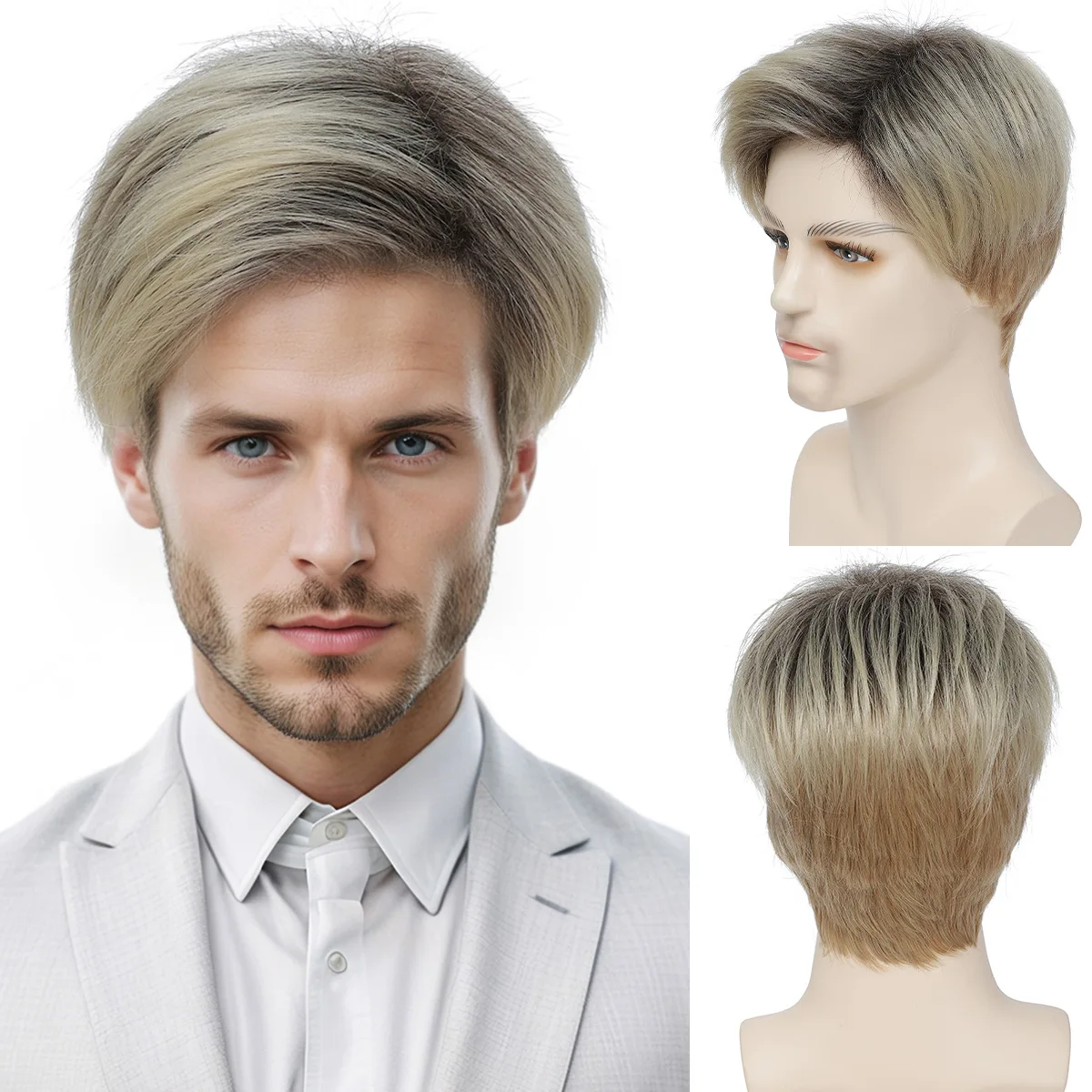 

Cross border wig men's slanted bangs gradient short straight fashionable synthetic full head cover-Synthetic fiber wig