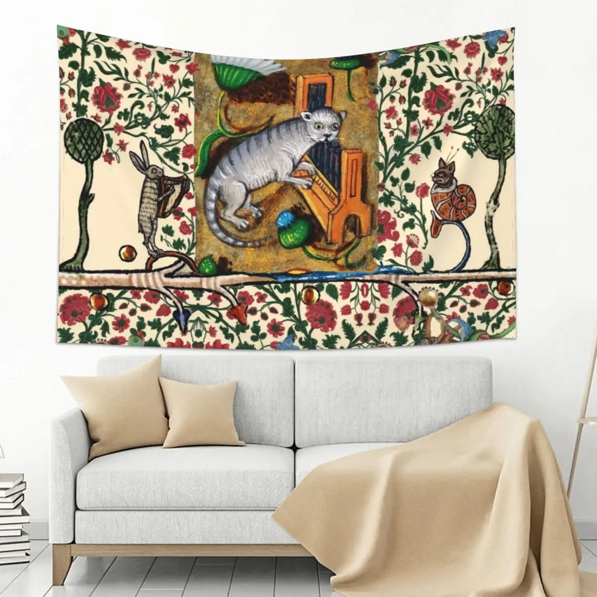 

WEIRD MEDIEVAL BESTIARY MAKING MUSIC,Cat Playing Organ,Harpist Rabbit,Snail Cat Tapestry