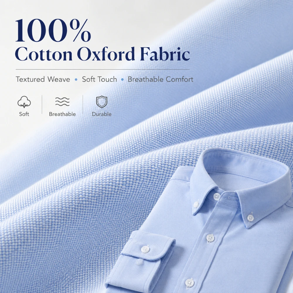 Men Cotton Oxford Shirt Long Sleeve Button Down Casual Business Shirt Pre-Shrunk Enzyme Washed Breathable Wrinkle Resistant