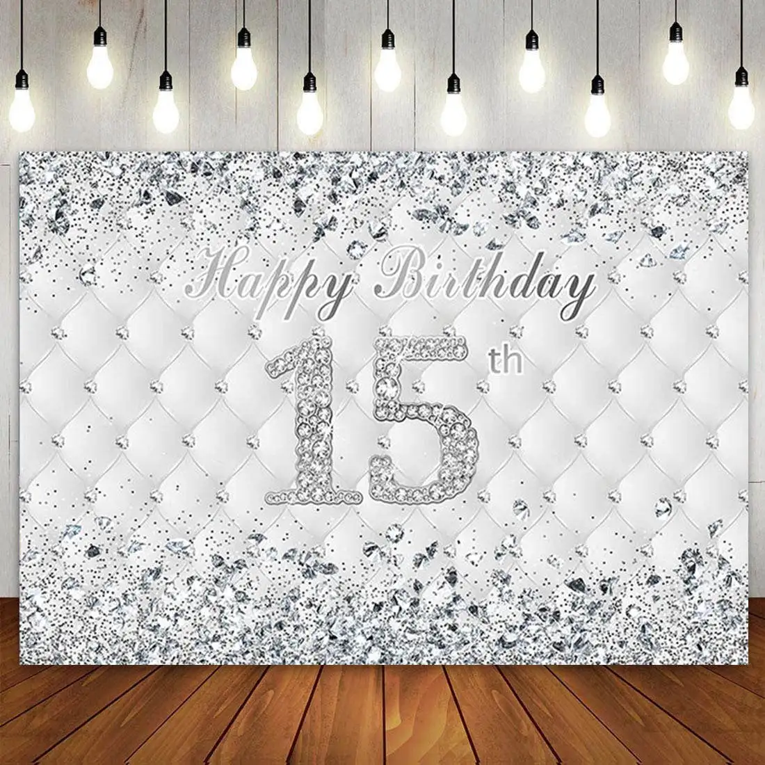 Happy 15th Birthday Party Decoration Cake Banner Backdrop 15 Years Old for Girls Boys White Silver Diamonds Headboard Customized