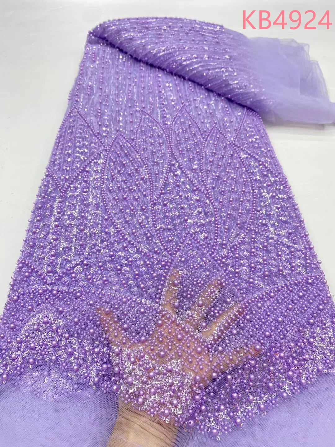 Tessuti di pizzo con perline viola Dubai Tessuti di pizzo nigeriano 2025 perle di perline bianche Tessuto di pizzo di maglia francese per abito da sposa KB4924