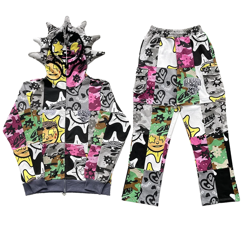 Glo Gang Printed Zipper Splice Casual Pants Shorts Two-Way Wear Sweatshirt Set Men's Autumn Long Sleeve Cotton 100% Set