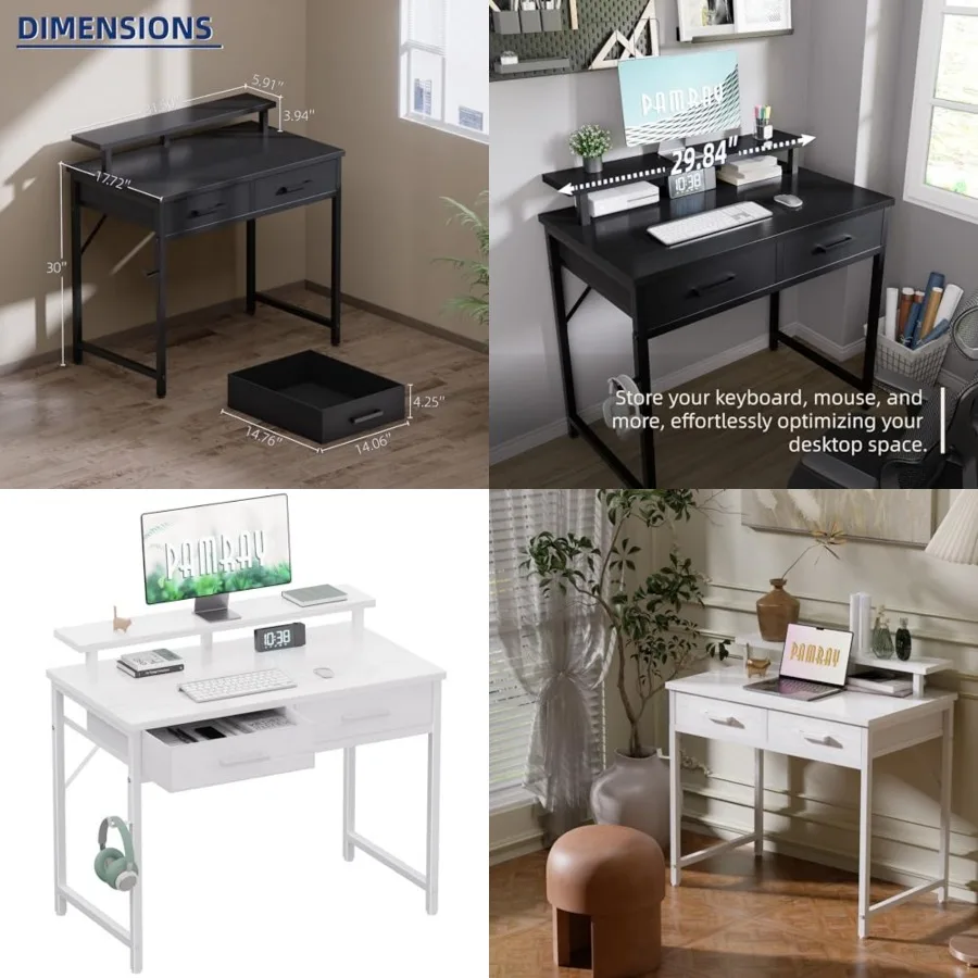 

32 Inch Small Computer Desk with Monitor Stand Home Office Desks with 2 Drawers for Bedroom Study Writing and Work Table for Sm