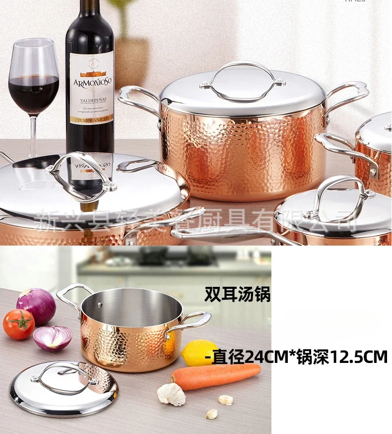Juego de utensilios de cocina de acero inoxidable y cobre Triple con puntos martillados, olla para sopa, olla para leche y sartén para cocina casera